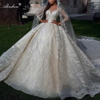 Роскошное бальное платье Alonlivn с блестящими украшениями Свадебное платье Принцессы с блестящими Аппликациями Платье для новобрачных с длинными рукавами 17