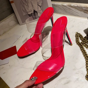 Роскошные красные полые тапочки из ПВХ с круглой головкой, украшенные лентой из ПВХ, тапочки на шпильке, дизайнерские однотонные женские туфли на высоком каблуке 10