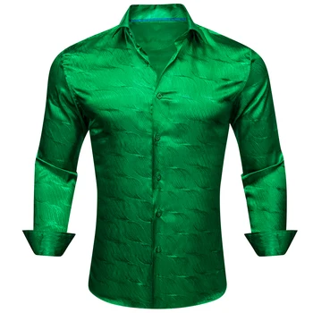Роскошные Рубашки для мужчин из шелкового атласа с длинным рукавом Зеленого цвета, Однотонные Облегающие Мужские Блузки, Повседневные официальные топы, Дышащие Barry Wang 11