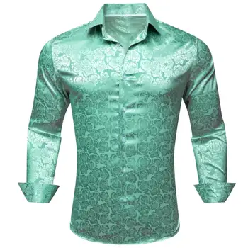 Роскошные шелковые Рубашки для мужчин с длинным рукавом и зеленым цветком, Приталенные мужские блузы, Повседневные топы, Официальная уличная одежда, Дышащая Barry Wang 12