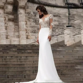 Свадьба в стиле Русалки, сексуальное свадебное платье на пуговицах сзади с длинными рукавами, атласное богемное свадебное платье, кружевное пляжное платье по индивидуальному заказу, элегантное платье De 3
