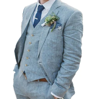 Светло-голубой льняной смокинг жениха для свадьбы, мужские костюмы на заказ из 3 предметов с зубчатым лацканом, уличная мужская модная куртка, жилет со штанами 9