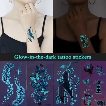 Светящиеся наклейки с татуировками для женщин, Руки, лицо, Светящиеся татуировки, Татуировки для боди-арта, Змея, Бабочка, Электрический слог, Тату для вечеринки 2023 года 10