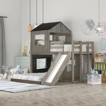 Серая деревянная двухъярусная кровать с двумя односпальными кроватями, кровать-чердак с игровым домиком, Фермерский дом, лестница, горка и ограждения 12