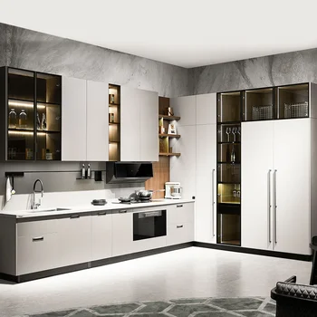 Серебристый цвет, настраиваемый лак L-образной формы, кухонные шкафы для кухни на даче, островной шкаф для хранения мебели 10