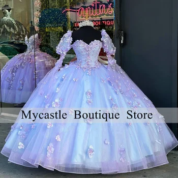Сиреневое пышное платье с 3D цветами в виде сердца, бальное платье, Съемный рукав, корсет с украшением в виде кристаллов, Vestidos De Quinceañera 20