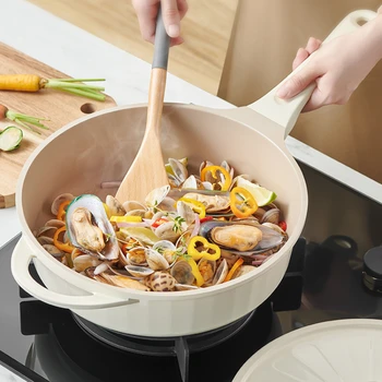 Скандинавская посуда с антипригарным покрытием Многофункциональная кастрюля для приготовления пищи Легко моющаяся сковорода-вок большой емкости с микронапором 13