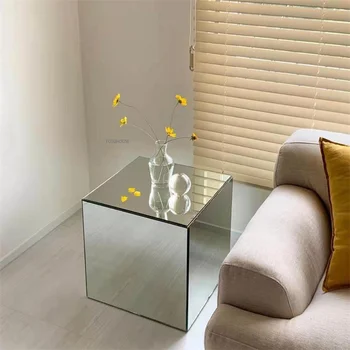 Современное минималистичное квадратное стеклянное зеркало Журнальный столик прикроватный столик Блоггер Тот Же реквизит для фотосъемки Акриловая мебель для приставного столика 10
