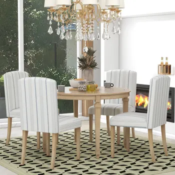 Современный обеденный стол из 5 предметов, круглый стол с ножками из массива дерева и 4 мягких стула с полосатой тканью для столовой 13