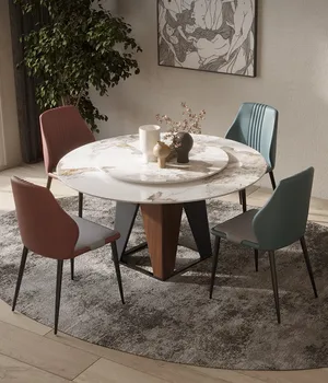 Сочетание итальянского обеденного стола и стула из легкой роскошной каменной плиты Современный и простой обеденный стол с поворотным столом 1