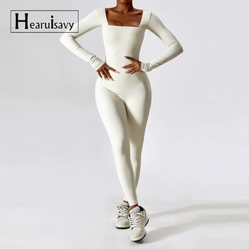 Спортивный комплект Hearuisavy, женский спортивный комплект, женская одежда для йоги с длинным рукавом, спортивная одежда, облегающие тренировочные комбинезоны, женская одежда 4