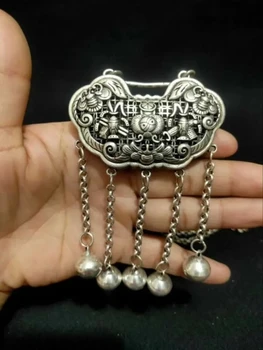 Старинное китайское ожерелье-подвеска из стерлингового серебра с витиеватой гравировкой и безопасным замком 19