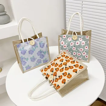 Сумка для ланча Популярная в Японии и Южной Корее квадратная сумка из пеньки, повседневная маленькая квадратная сумка для покупок на одно плечо, сумки для девочек 9