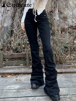 Темно-синие однотонные узкие джинсы, женские готические эстетичные деминовые брюки с низкой посадкой, черные брюки в стиле панк, уличная одежда 2000-х 16