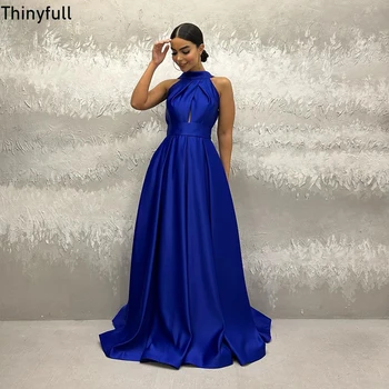 Тонкое элегантное синее платье для выпускного вечера трапециевидной формы, без рукавов, на бретельках, вечернее платье для вечеринки, Атласное арабское платье для официальных мероприятий длиной до пола 6