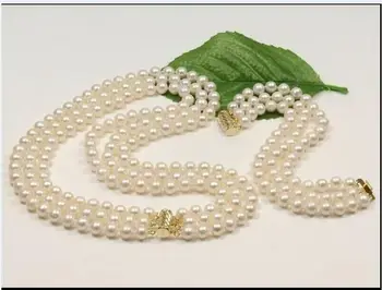 Тройное ожерелье из белого жемчуга Южно-Китайского моря AAA 7-8 мм, браслет из 18-дюймового 14-каратного золота- 6