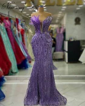 Фиолетовые платья для выпускного вечера с бисером в виде русалки, арабские вечерние платья без бретелек и перьев, элегантные вечерние платья от Дубайской моды на заказ 9