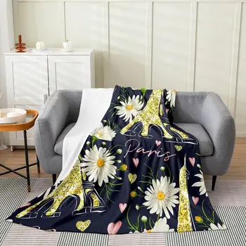 Фланелевое флисовое одеяло с Эйфелевой башней, плюшевое одеяло Paris Daisy, для мальчиков и девочек, детское платье Paris с ботаническим цветочным рисунком 8