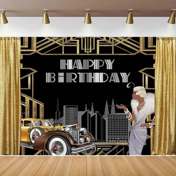 Фон для фотосъемки Великой женщины С Днем Рождения, торт на тему Гэтсби, стол для фотосъемки, золотой занавес, ретро-автомобиль, здания, Съемка 4