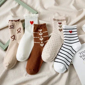 Хлопчатобумажные носки Весна Осень Лето Дизайнерские носки с рюшами и принтом в виде сердца в белую полоску Harajuku Мода Meia Lolita Calcetines 12