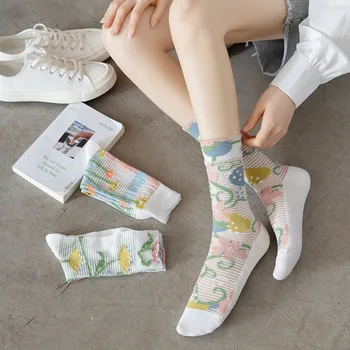 Шелковые носки с цветочным принтом, летние Ультратонкие Прозрачные кружевные носки, дышащие нейлоновые длинные носки в стиле харадзюку в стиле ретро с сеткой в сеточку 8