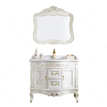 Шкаф для ванной комнаты в европейском стиле, напольный шкафчик для мытья пола из золотого дуба с раковиной, Антикварный шкаф для зеркала в ванной из массива дерева, умывальник для раковины 14