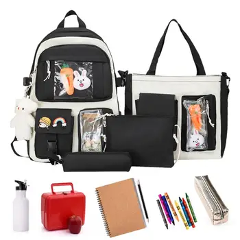 Школьный рюкзак Aesthetic, 4 предмета, комбинированный школьный рюкзак из парусины, школьный ранец большой емкости с логотипом Kawaii и аксессуарами 14