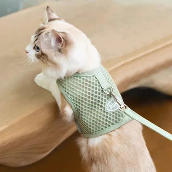 Шлейка для кошек с поводком, регулируемый жилет, дышащая шлейка из полиэстеровой сетки для маленьких собак, аксессуары для кошек, прогулки 16