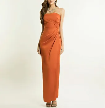 Элегантные длинные атласные вечерние платья-футляр без бретелек, Оранжевые плиссированные платья для выпускного вечера длиной до щиколоток для женщин 2