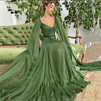 Элегантные Зеленые арабские женские вечерние платья от кутюр С длинными рукавами-накидками и V-образным вырезом для мам на вечеринку 18