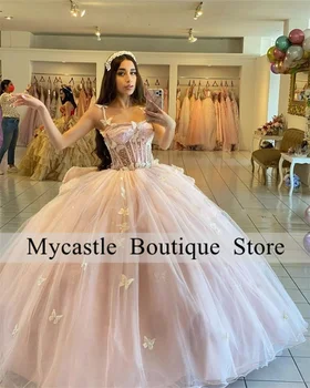 Элегантные розовые кружевные бальные платья принцессы, пышное платье 2023, аппликации из бисера и банта, Милое платье 16 Vestidos De 15 Anos, корсет 14