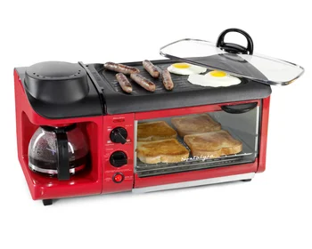 Электрическая подставка для завтрака семейного размера в стиле ретро 3 в 1, кофеварка, сковородка, тостер - Ретро Красный 1