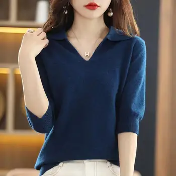 Япония и Южная Кореявесна и осень, Новый кашемировый свитер, женская футболка, вязаный свитер, свободный тонкий пуловер с короткими рукавами 4