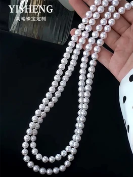 Японское жемчужное ожерелье Akoya, натуральное ожерелье из жемчуга морской воды, 7-8 мм, круглое зеркало, легкая цепочка для свитера, двойной слой 15