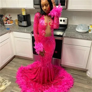 Ярко-розовое Длинное платье для черных девушек 2023 С глубоким U-образным вырезом и высокой спинкой, длинными рукавами, украшенными сверкающими блестками, Вечернее платье из перьев Русалки 13